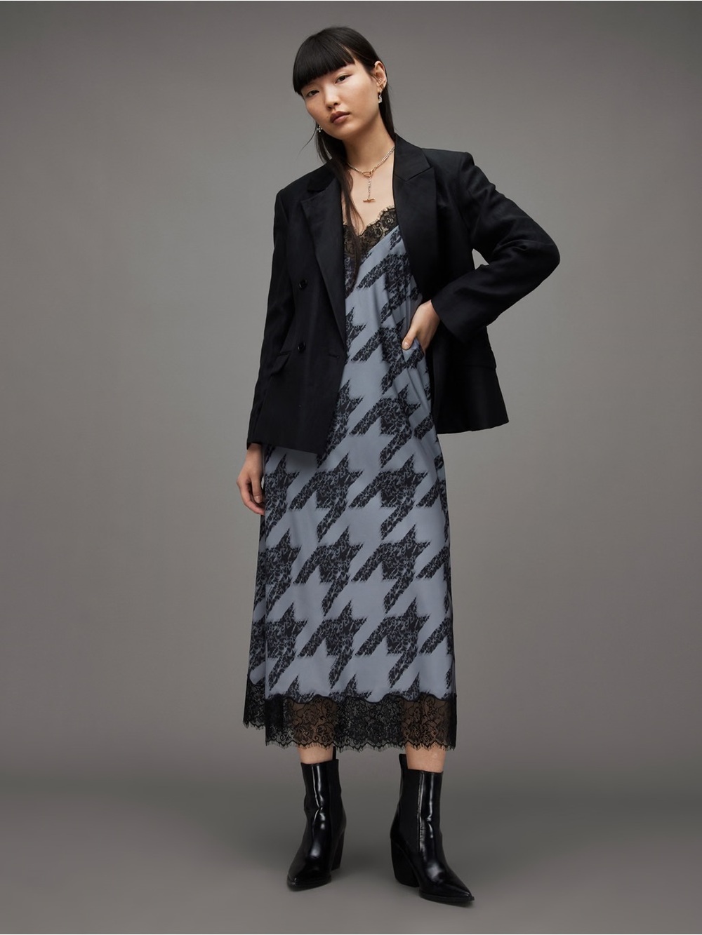 AllSaints Tigi Toni Houndstooth Lace Midi Dress